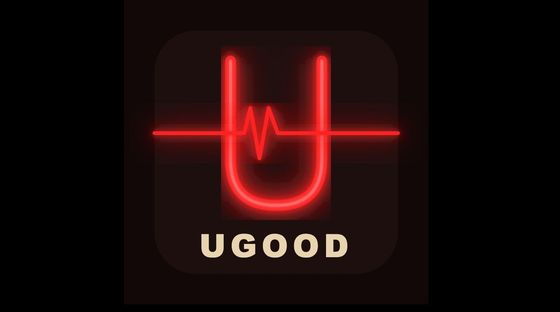 Black app icon with glowing red waveform and the word “UGOOD” underneath