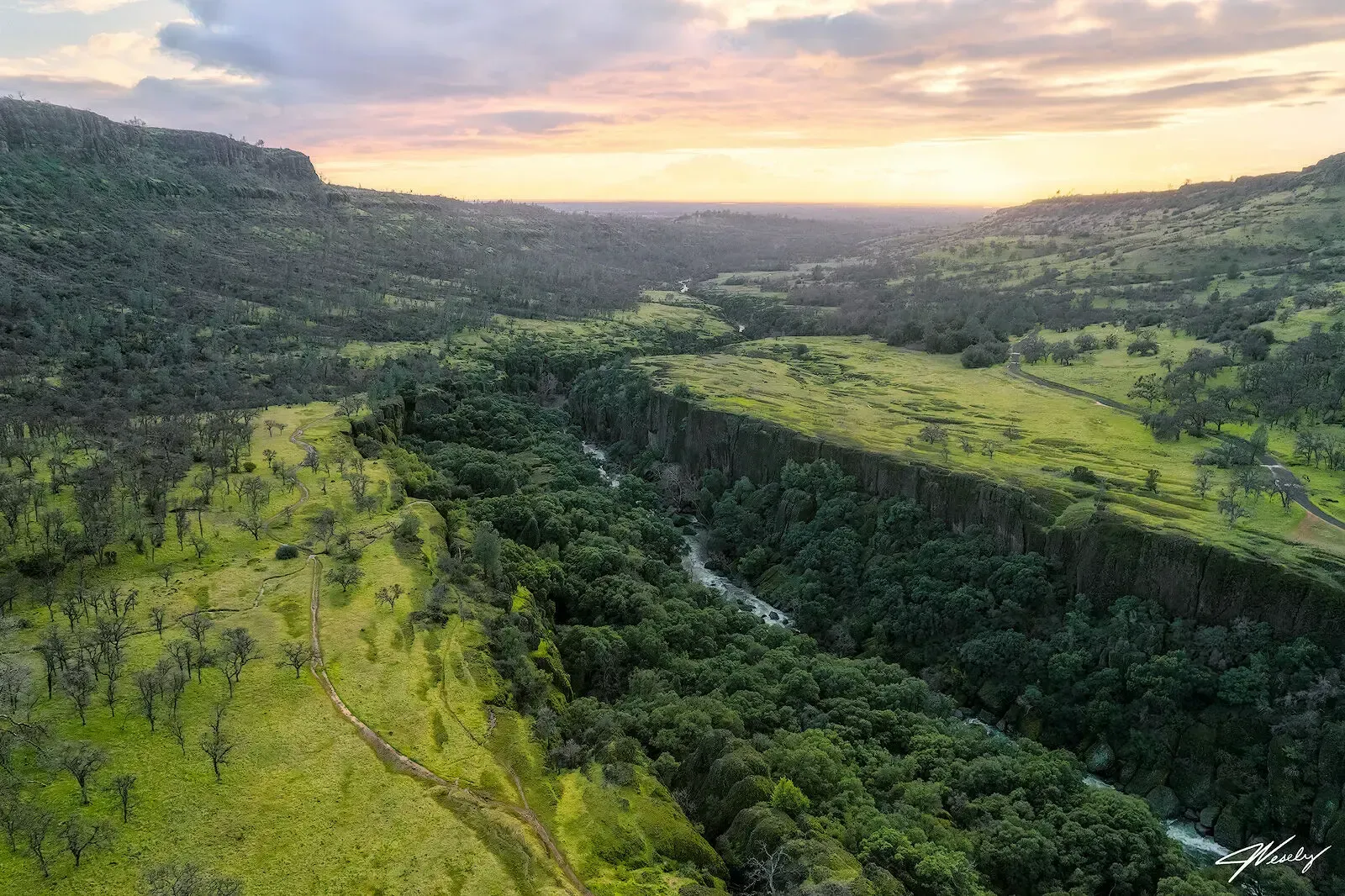 Lush green valley and forested hills at sunset with a winding river in the center.