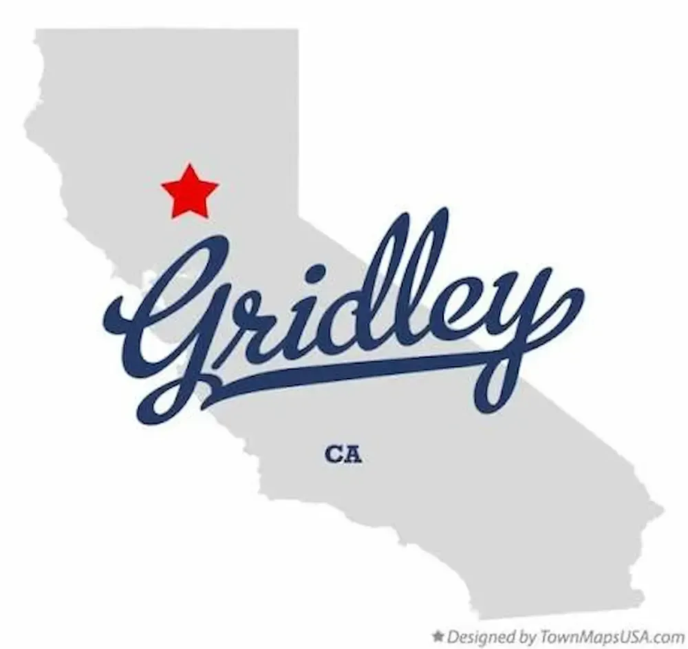 Gray California silhouette with a red star and blue script reading Griddley, CA