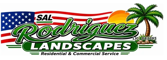Sal Rodriguez Landscapes logo with American flag, green script text, and palm tree