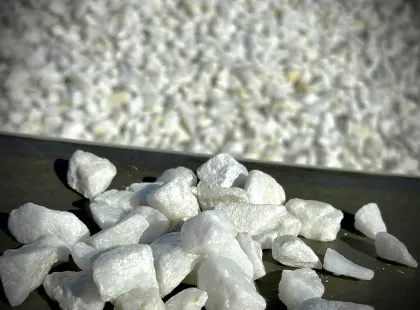 White pebbles scattered on a dark surface, with a blurred gray background.