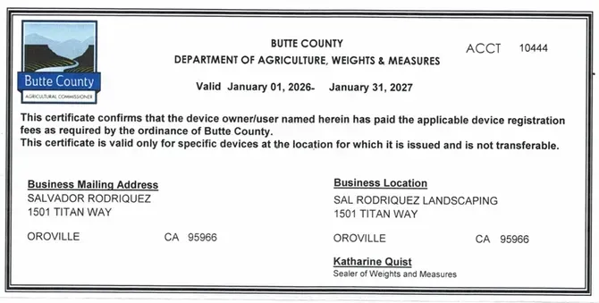Butte County document certifying business name reservations, with county seal and address details.