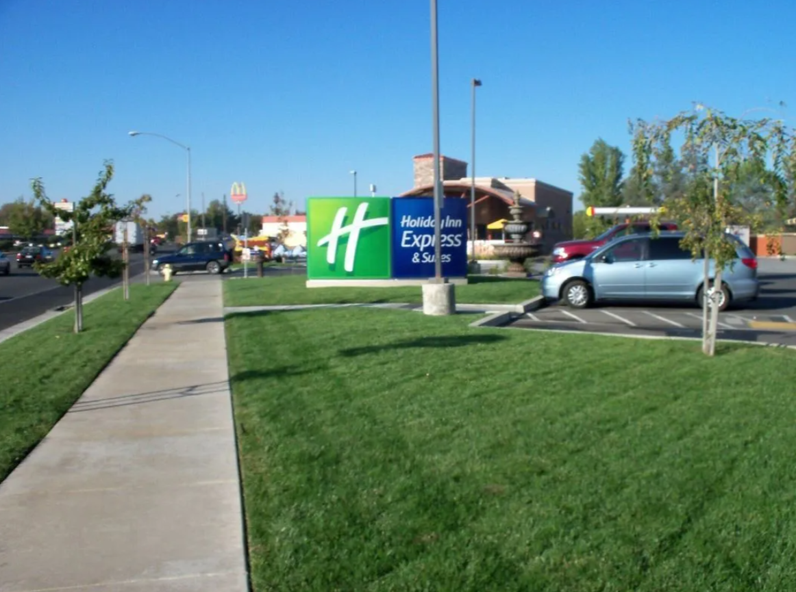 Sunny shopping center with storefronts, green landscaping, and a sidewalk along the street