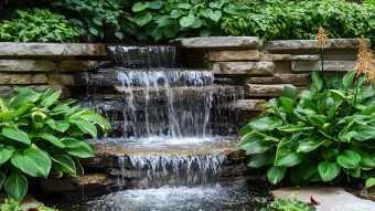 Small garden waterfall cascading over stacked stone ledges amid lush green plants