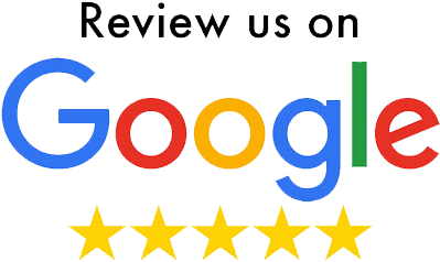 “Review us on Google” graphic with the Google logo and five yellow stars