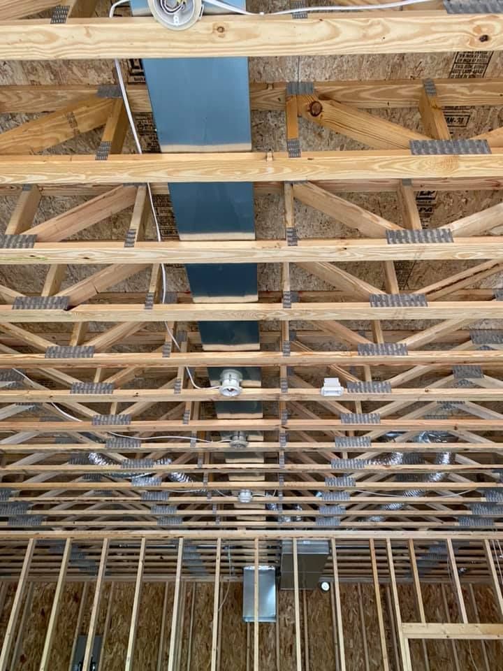 Looking up at the ceiling of a building under construction.