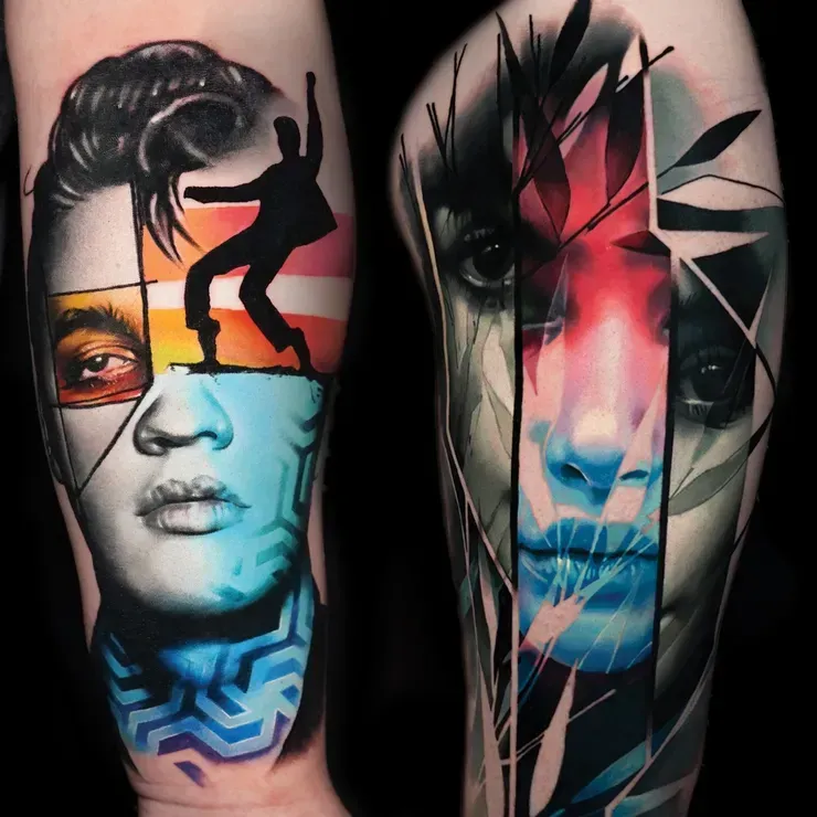 A tattoo of a woman 's face and a man 's face