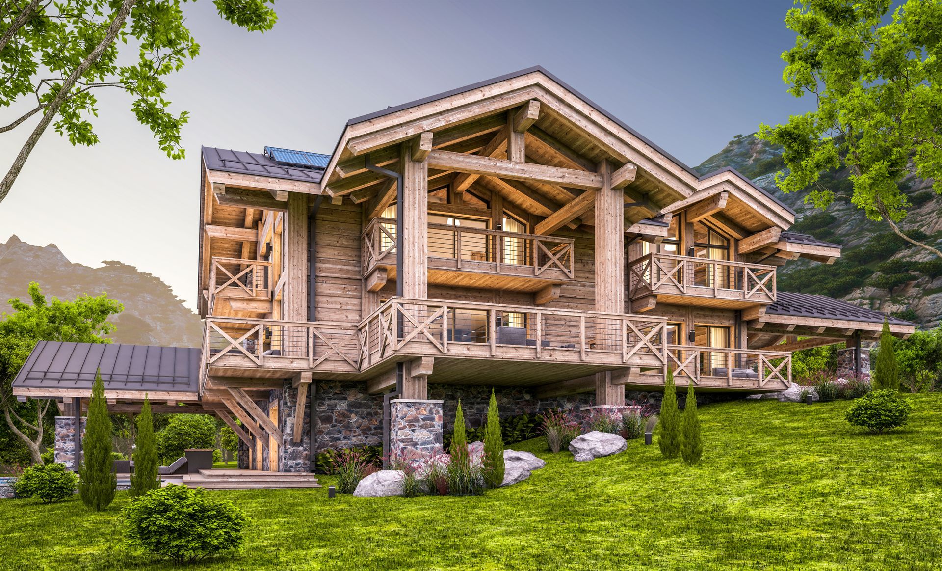 3d rendering of modern cozy chalet with pool and parking for sale or rent. Massive timber beams columns. Beautiful forest mountains on background. Clear summer evening with cozy light from window