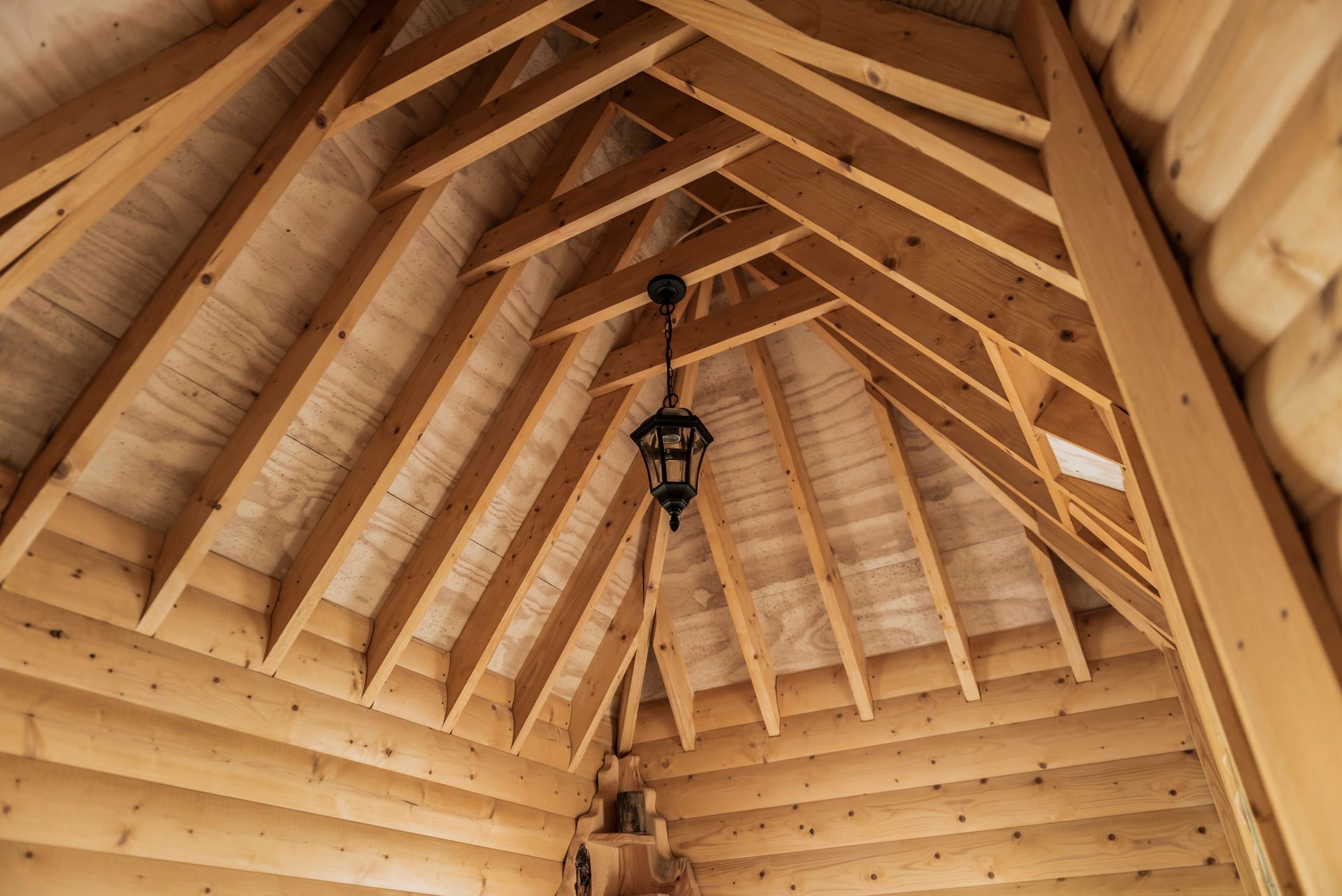 Wooden joints in ceilings in a wooden hut.