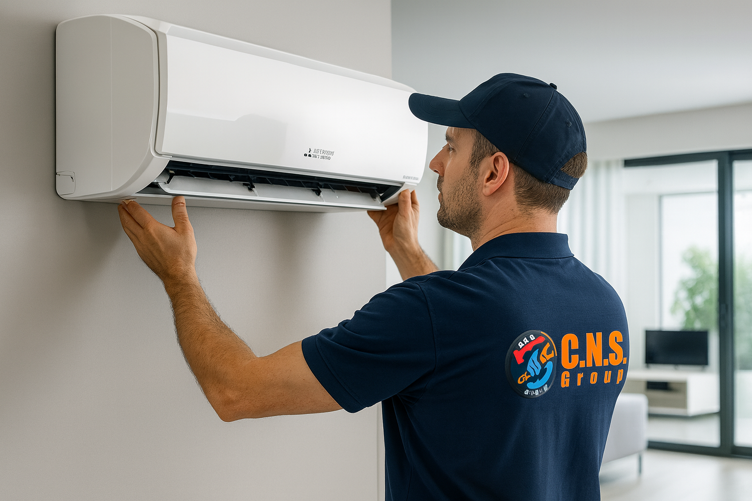 Tecnico che installa un condizionatore d'aria su una parete di una casa.