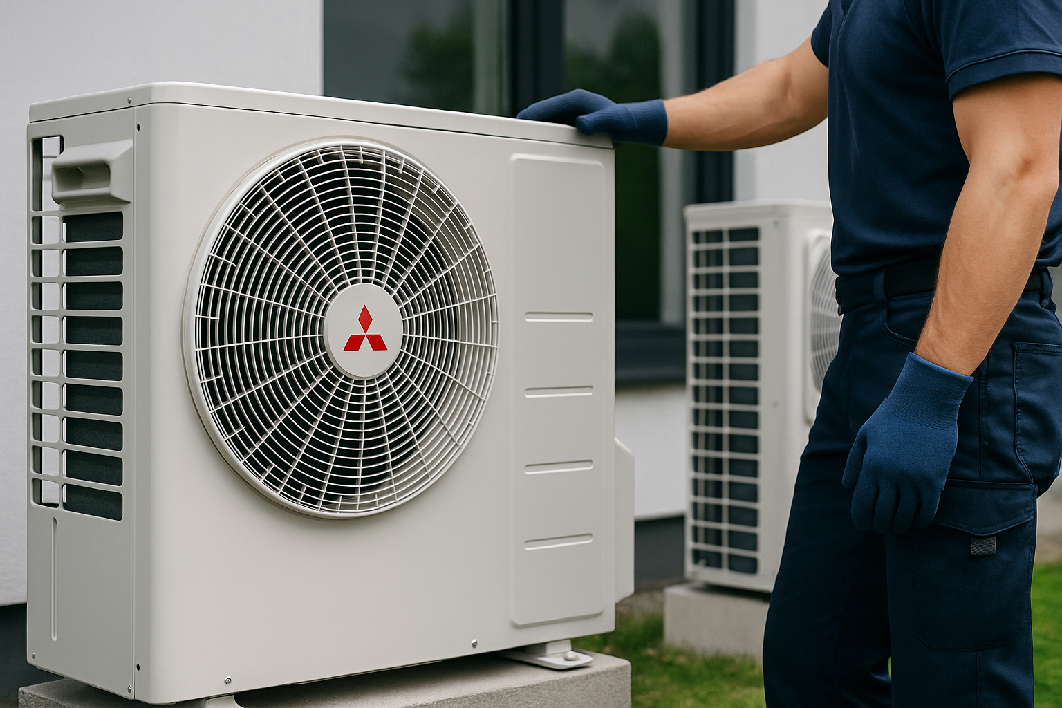 Persona in abiti da lavoro blu che ispeziona una pompa di calore bianca all'aperto.