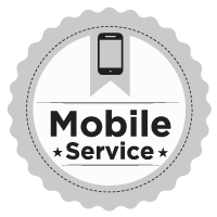 A sticker that says mobile service with a cell phone on it