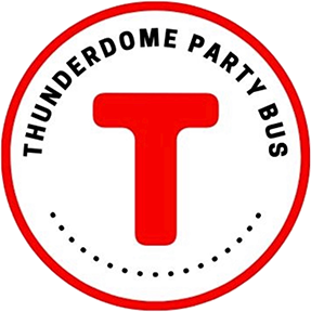A thunderdome party bus logo with a red t in the center