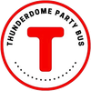 A thunderdome party bus logo with a red t in the center