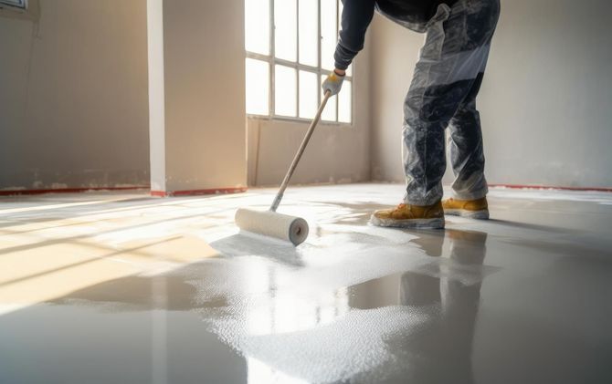 Worker applying a white coating to an indoor concrete floor with a roller.