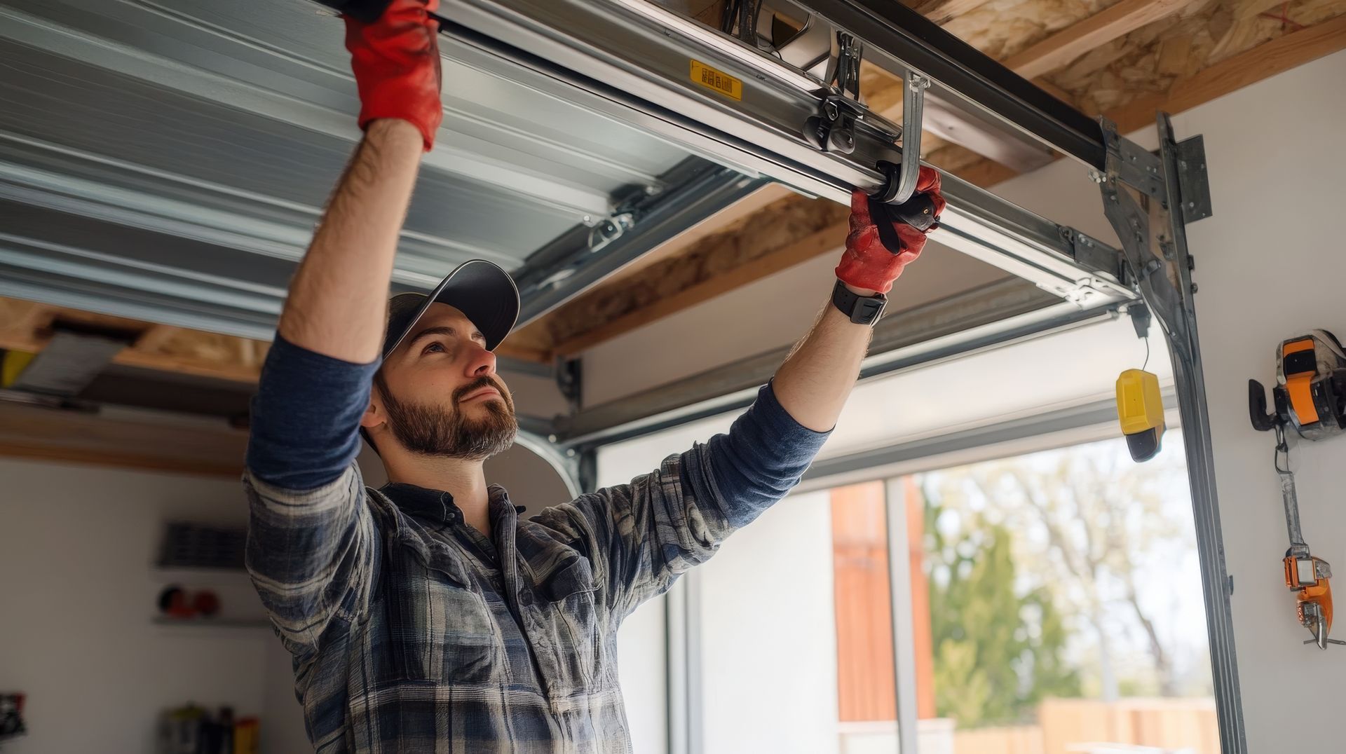 Worker adjusting the hardware on a partially open garage door inside a garage. Worker adjusting the hardware on a partially open garage door inside a garage.