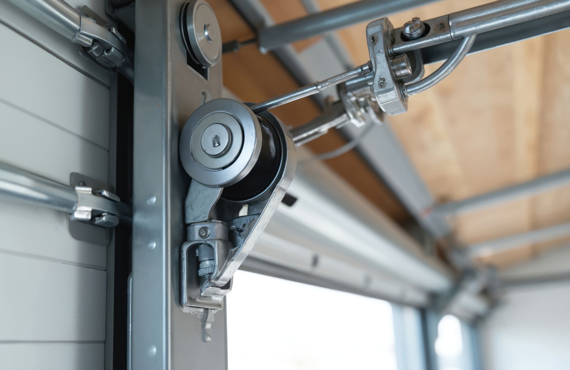 Steel cable drum mechanism from garage door supplier.