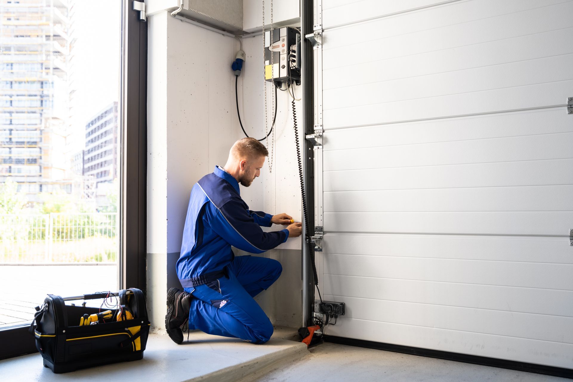 Technician installing garage door hardware indoors. Technician installing garage door hardware indoors.