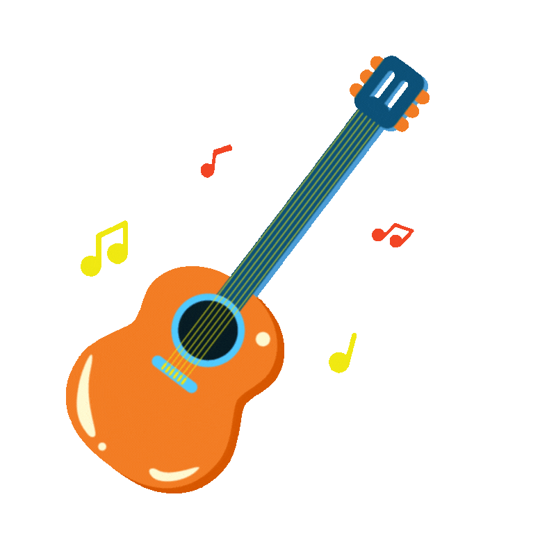 Orange acoustic guitar with blue details and colorful musical notes.