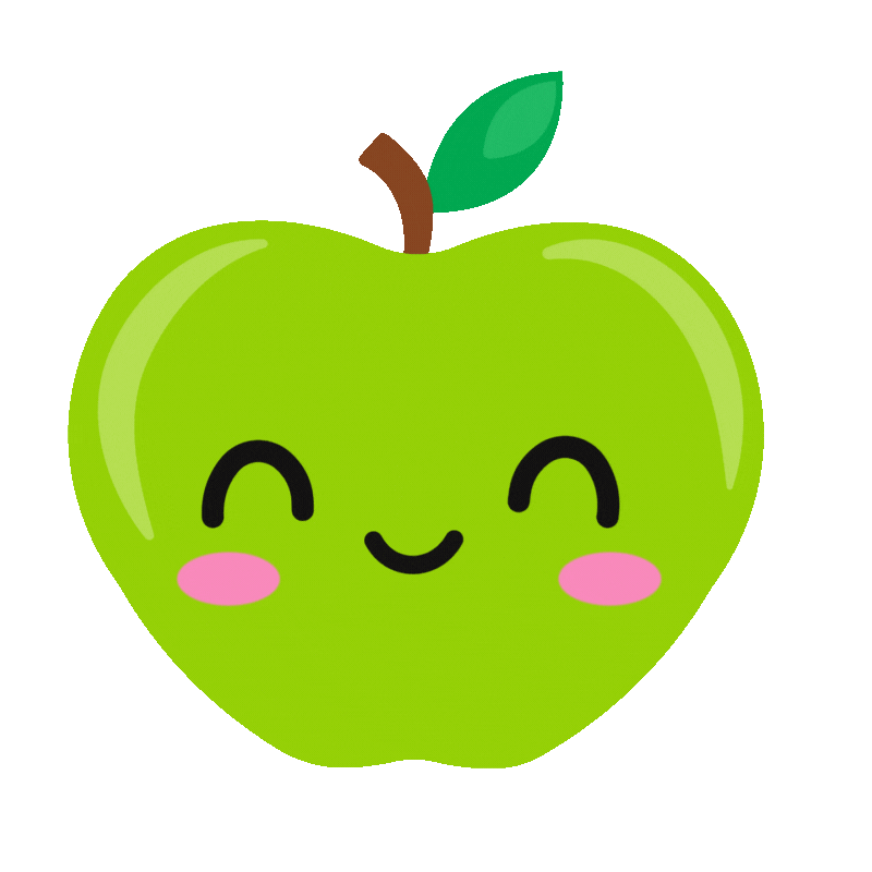 Smiling green apple with pink cheeks, a brown stem, and a green leaf.