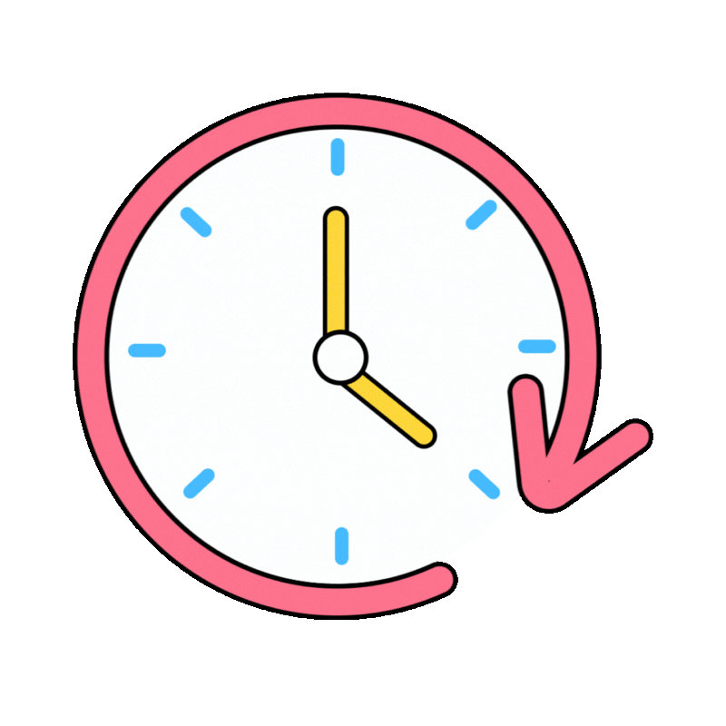 Clock with a pink outline and arrow. The hands point to 4:10. Blue dashes mark each hour.