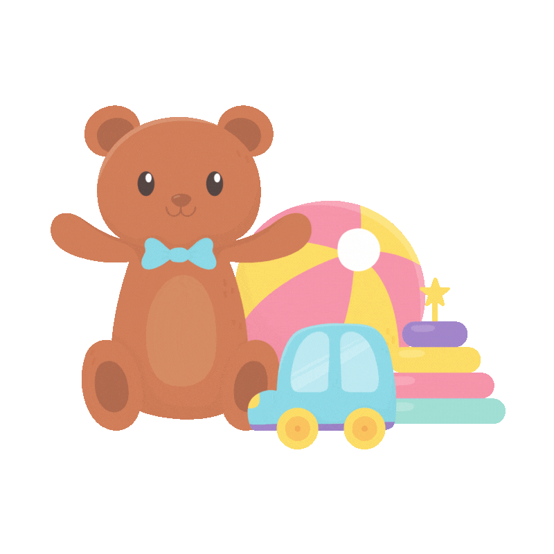 Teddy bear with blue bow tie, a colorful ball, a toy car, and stacking rings.