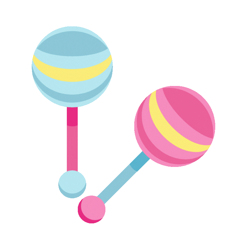 Two baby rattles, one blue and yellow, one pink and yellow.