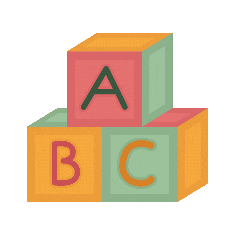 Three colorful alphabet blocks stacked; A on top, B and C below.