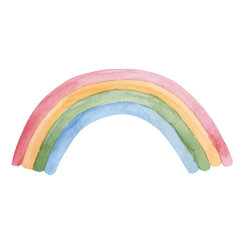 Watercolor rainbow, pink, yellow, green, and blue arcs against a white background.