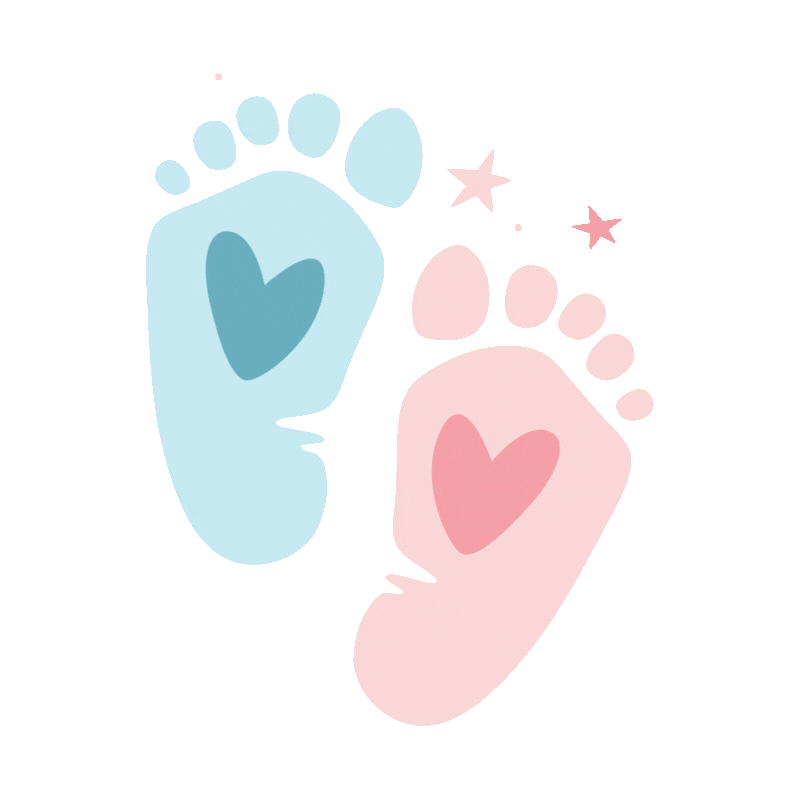Blue and pink baby footprints with hearts, stars, and a white background.