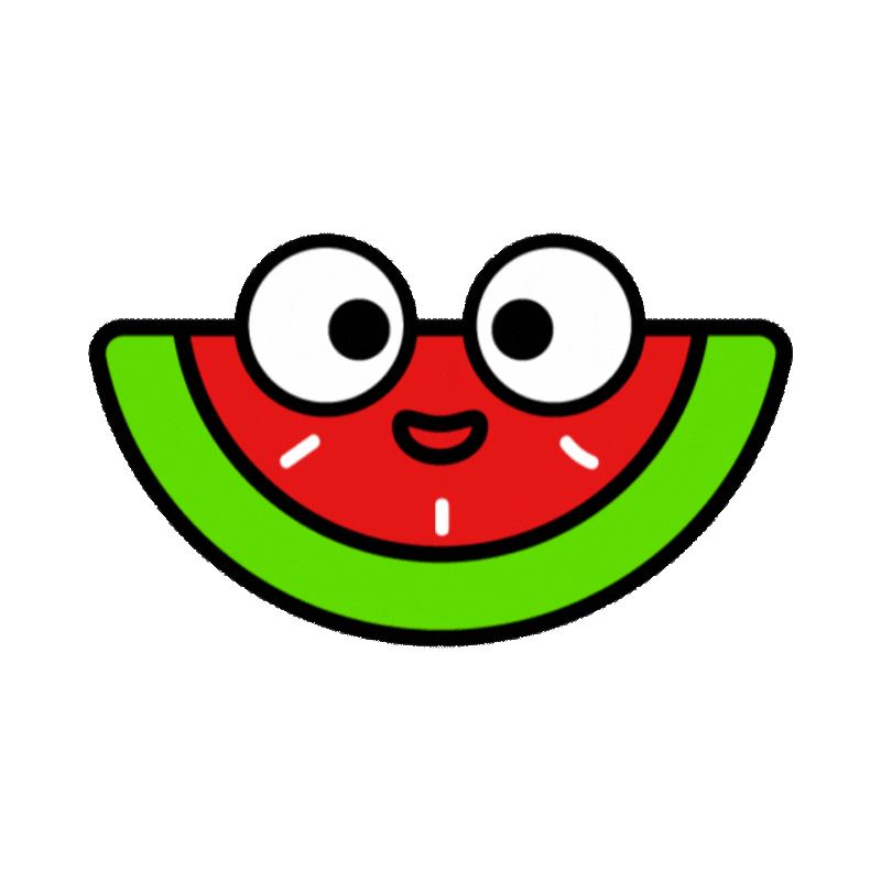 Smiling cartoon watermelon slice with big eyes and a red mouth.