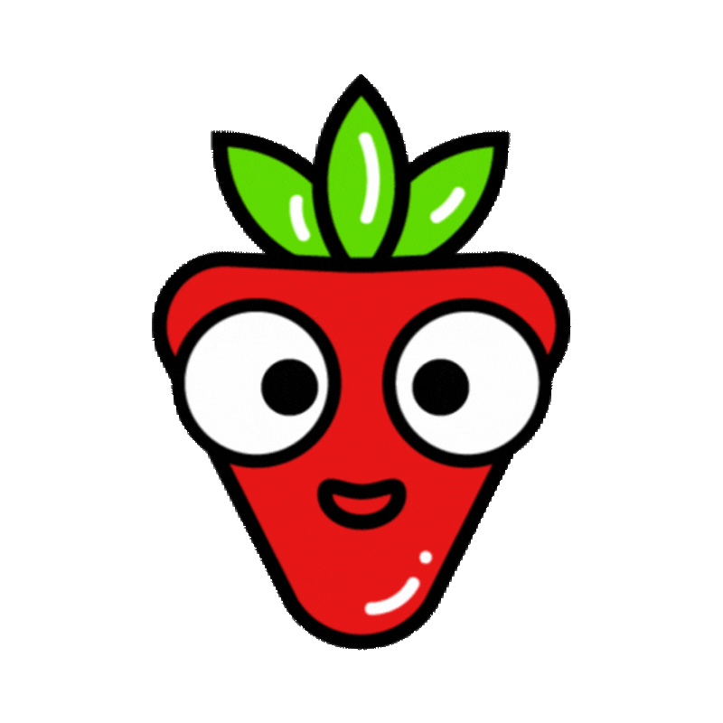 Smiling strawberry with large eyes and green leaves.