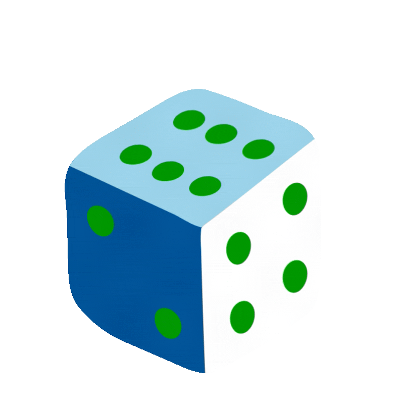 Blue and white die with green dots, showing sides with 6, 5, and 2 dots.