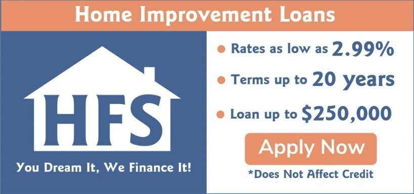 Home Improvement Loans ad with HFS logo, house icon, and orange Apply Now button on blue background