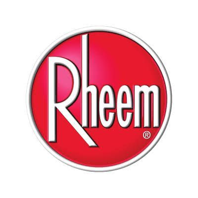Rheem logo in a red oval with white lettering and silver border