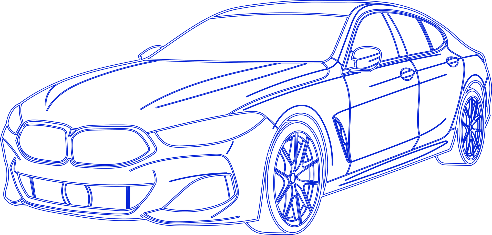 Blaue Strichzeichnung eines modernen Autos.