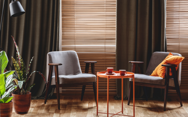 modern living room with blinds