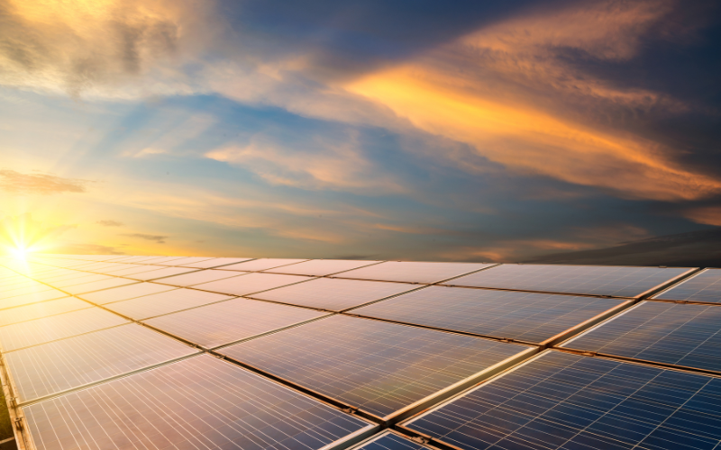 Solar panels during sunset