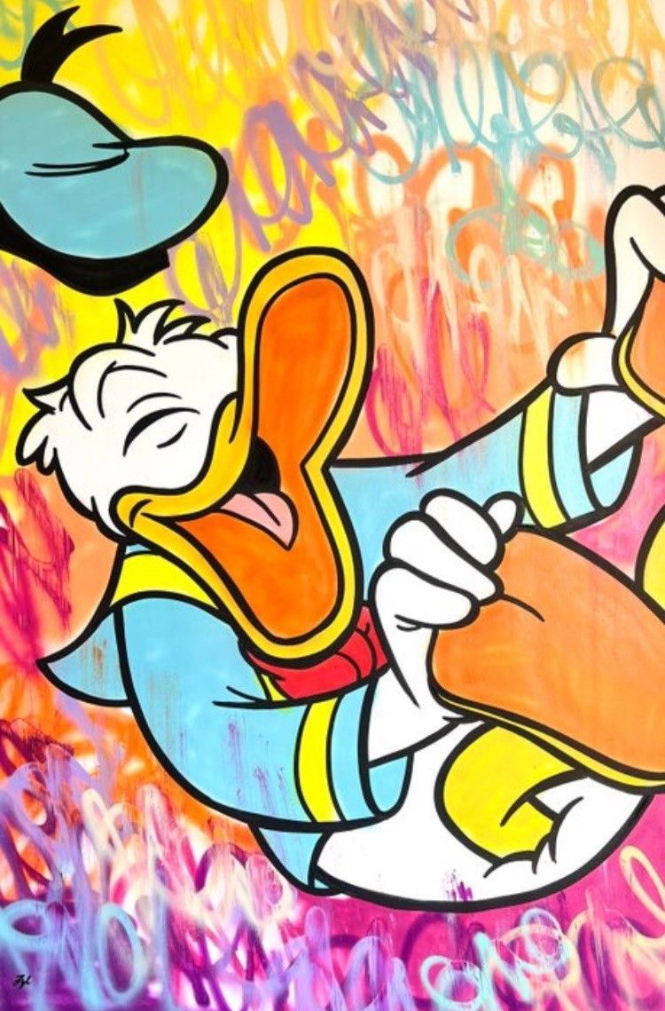 Het lachende Donald Duck-stripfiguur, afgebeeld tegen een kleurrijke achtergrond in graffitistijl.