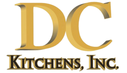 Logo for DC Kitchens INC, featuring a stylized blue kitchen interior outline within a black house icon.
