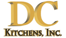 Logo for DC Kitchens INC, featuring a stylized blue kitchen interior outline within a black house icon.