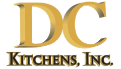 Logo for DC Kitchens INC, featuring a stylized blue kitchen interior outline within a black house icon.