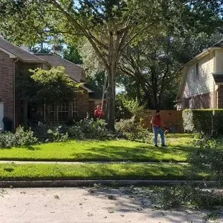 Two people standing on a grassy front yard between suburban houses and trees.