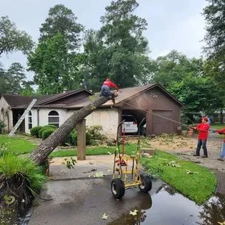 Worker cutting fallen tree limb on a house, with equipment and helpers in a wet suburban yard