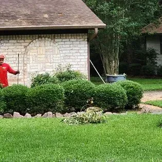 Person in red near a house and shrubs in a green yard