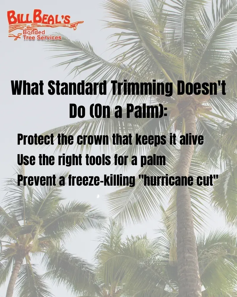 Grainy white liquid mixing in a tan drink, comparing “pulling down” vs “pulling out” textures. Palm tree trimming vs standard tree trimming Spring TX Bill Beals crown care