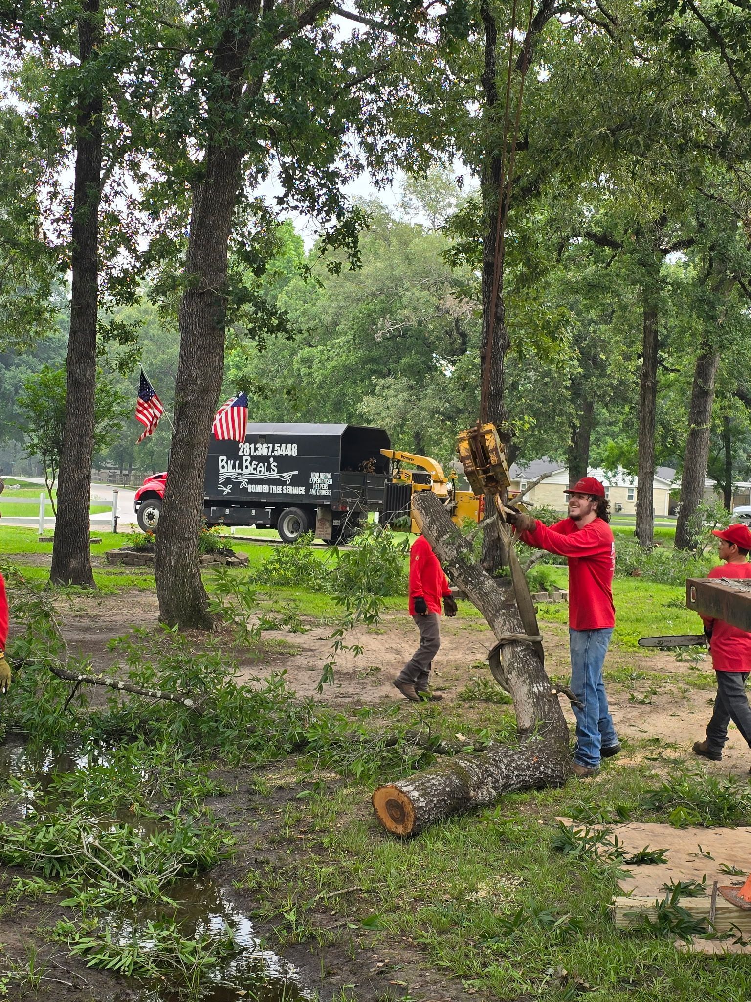 People in red shirts working in a muddy, tree-filled park with a backhoe and flags nearby