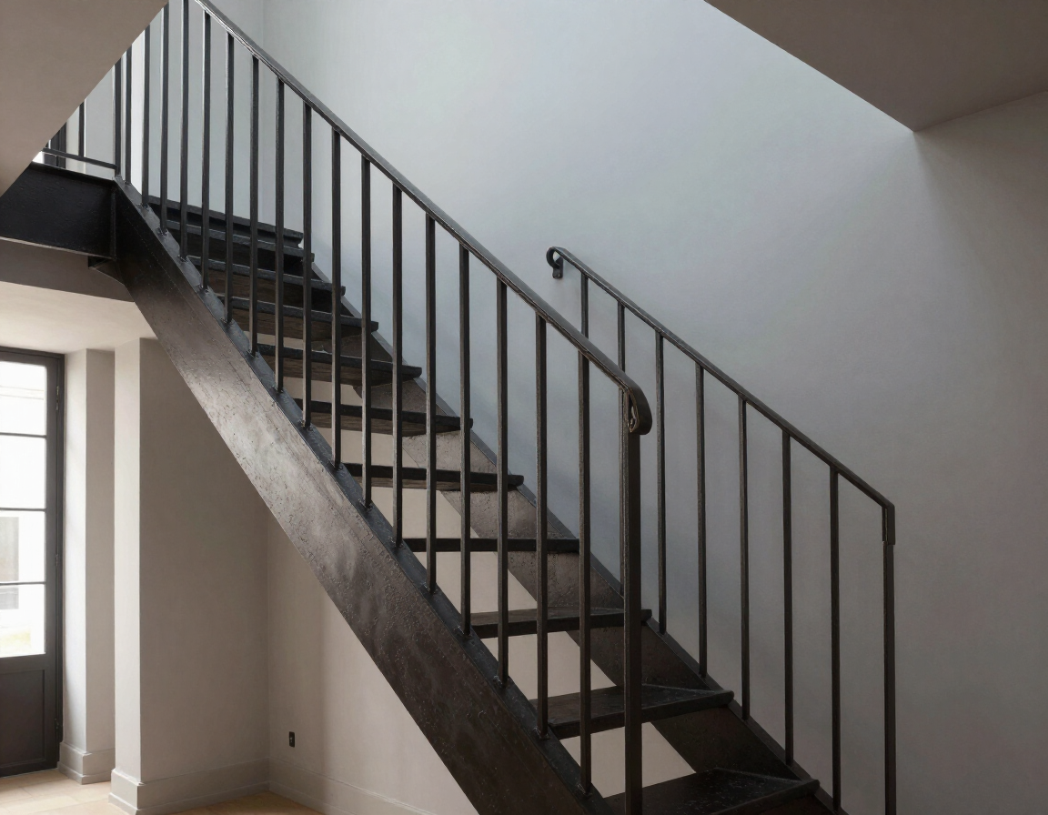 Escalera de madera oscura con barandillas negras en un pasillo interior luminoso.