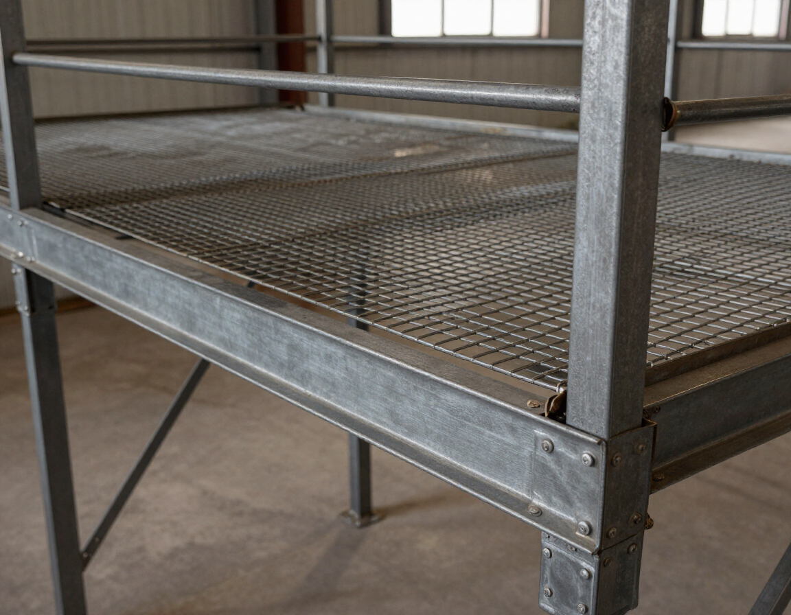 Plataforma de malla metálica con estructura de acero gris y patas de soporte para interiores.