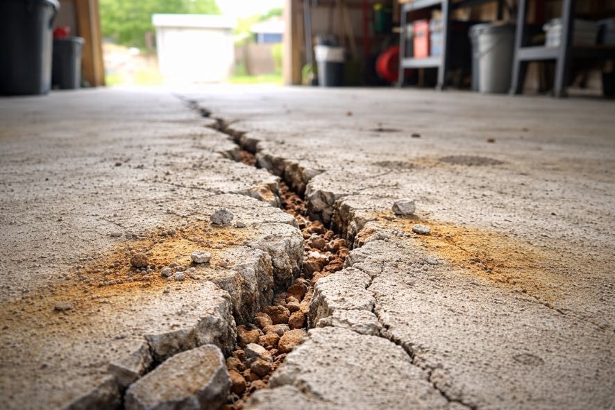Une profonde fissure irrégulière dans un sol en béton gris, remplie de gravier et de débris, s'étendait jusqu'à la porte du garage.